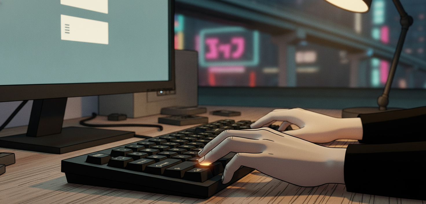 Ctrl+Vを一度押した指先とモニターに三つ並んだ貼り付け結果の様子