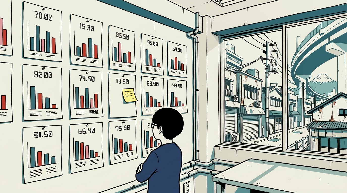 壁に貼った採点結果を見上げる人物の後ろ姿と点数表の様子