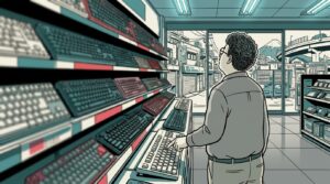 量販店の売り場で展示キーボードに触れ言葉に詰まる男性の様子