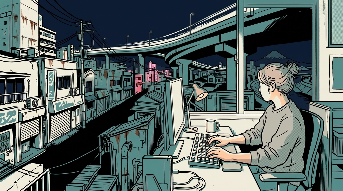 夜の書斎で長時間タイピングしながら疲れにくさを検証している様子