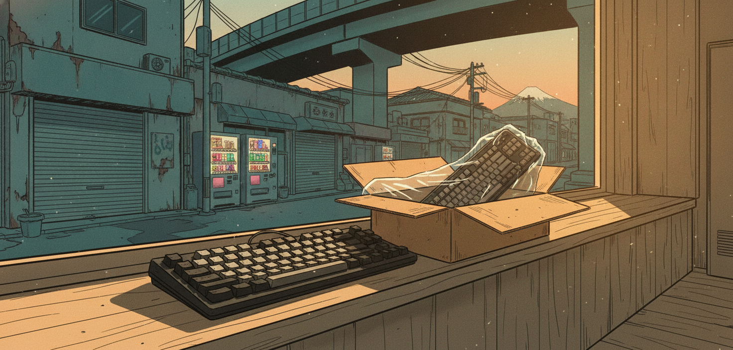 使い込んだ古いキーボードと新しいキーボードを夕日の窓辺に並べた様子