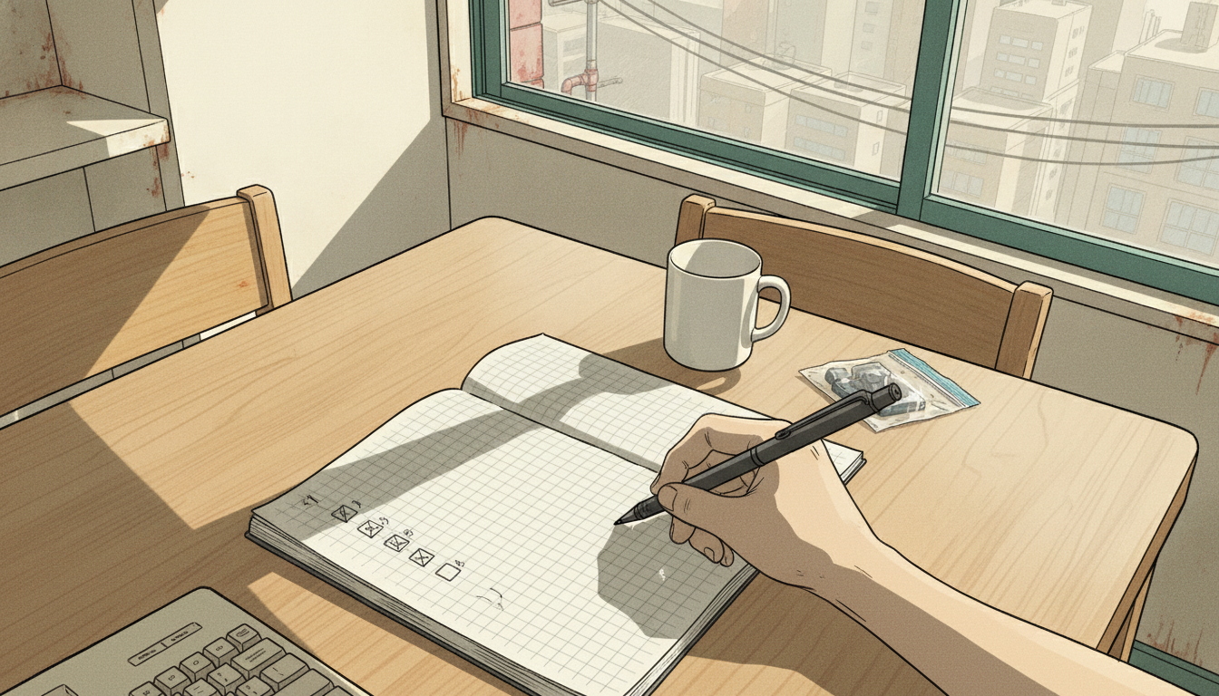 検証手順を番号付きで書き出したノートと手元の様子