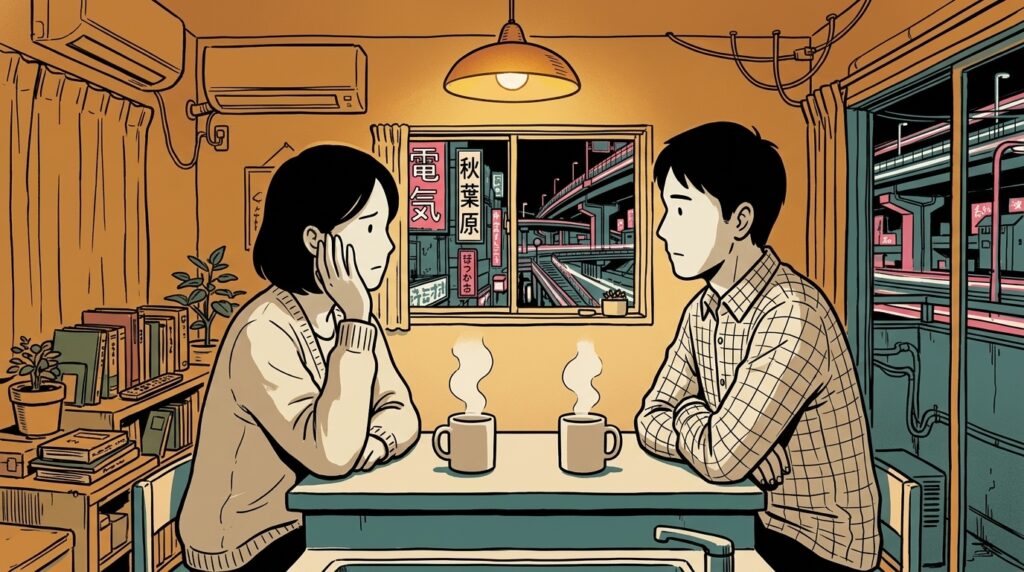 台所のテーブルで妻の話を聞きながら戸惑う夫の表情を捉えた場面