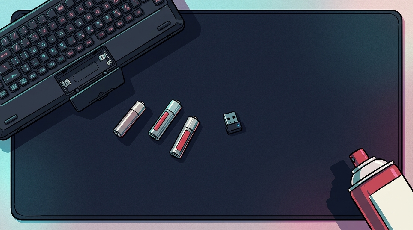 無線キーボードの電池交換とUSBレシーバー挿し替えを試す道具の俯瞰の様子