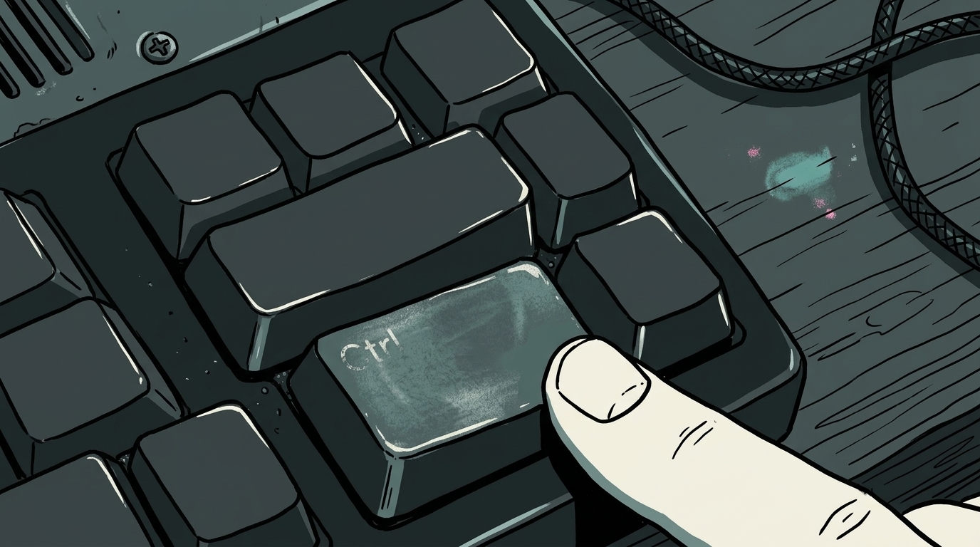 使い込まれたエルゴノミクスキーボードの左Ctrlキーを指で押す接写